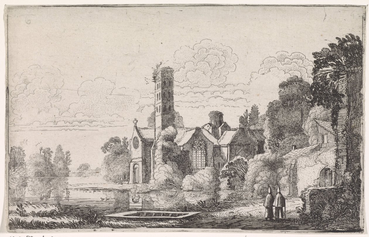 Twee monniken bij een abdij in een rivierlandschap (Rivierlandschappen) door Jan van de Velde (II)