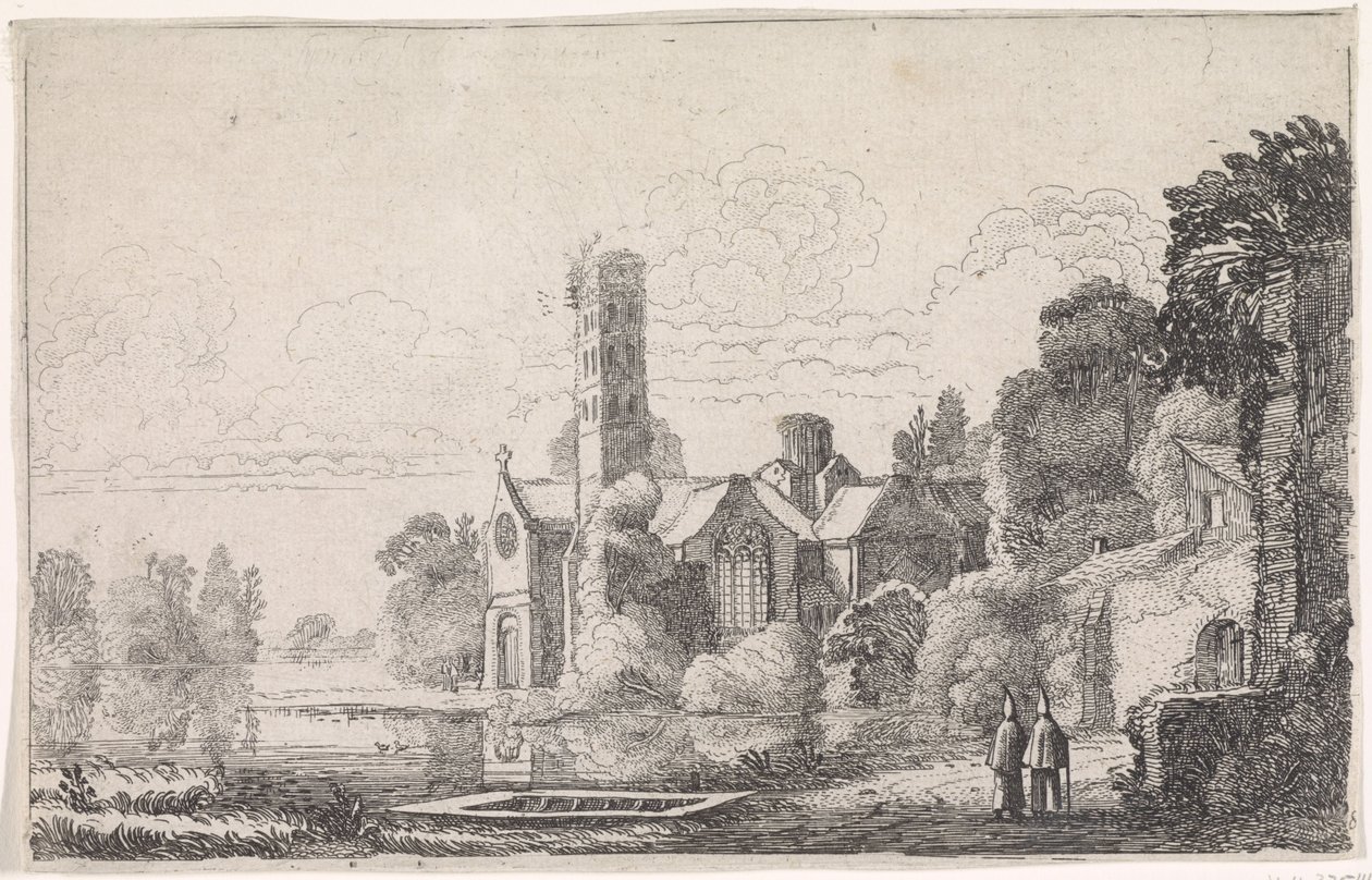Twee monniken bij een abdij in een rivierlandschap door Jan van de Velde (II)