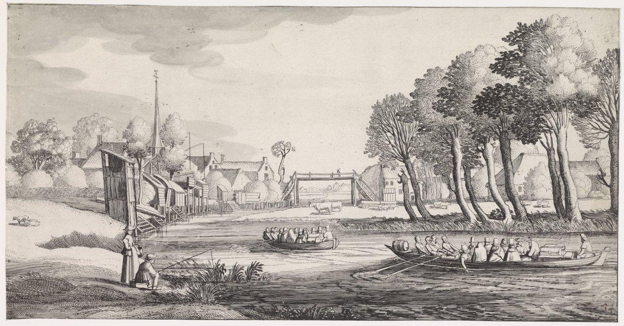 Twee roeiboten op een rivier bij een dorp door Jan van de Velde (II)