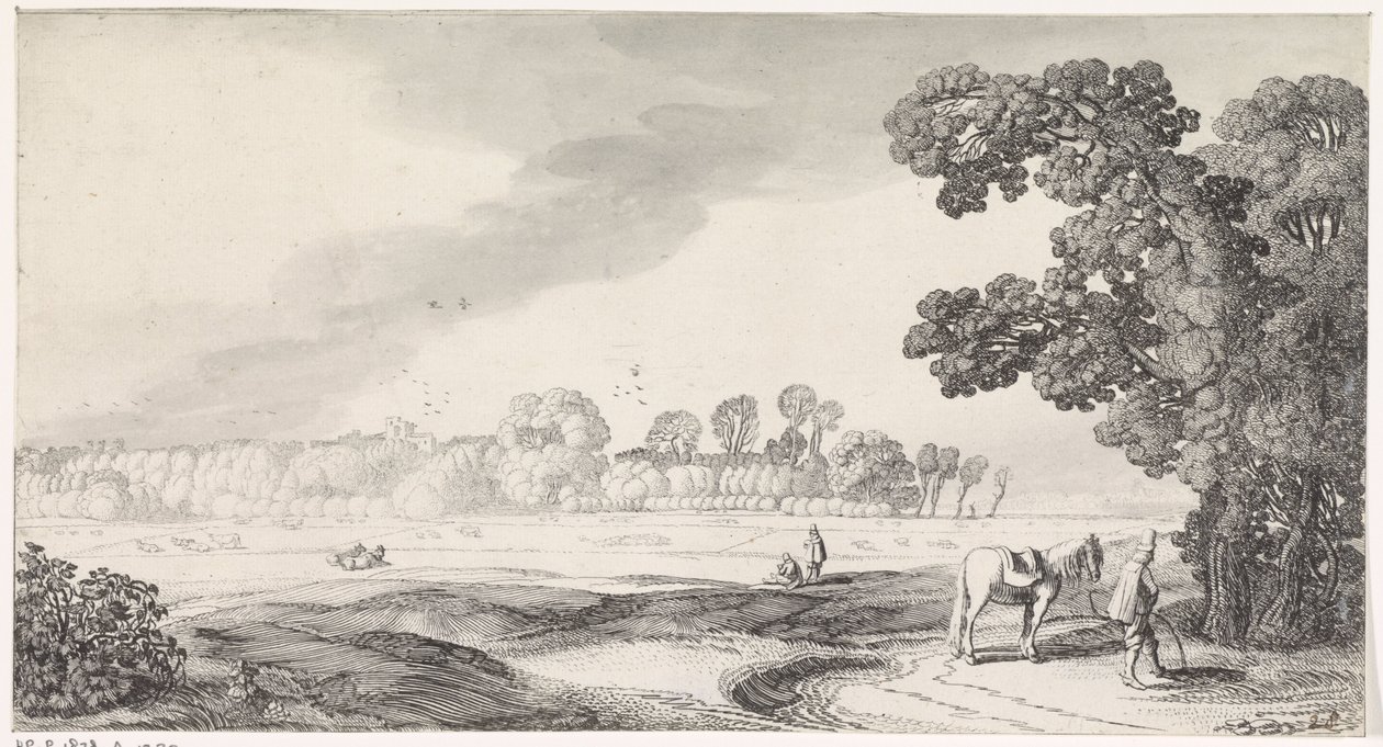 Weidelandschap met plassende man door Jan van de Velde (II)