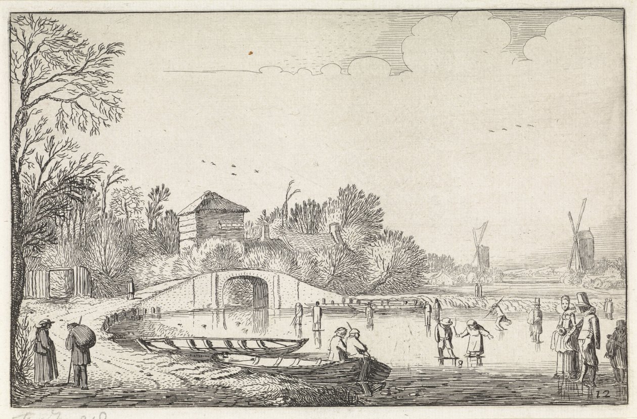 Winterlandschap met schaatsers bij een brug door Jan van de Velde (II)