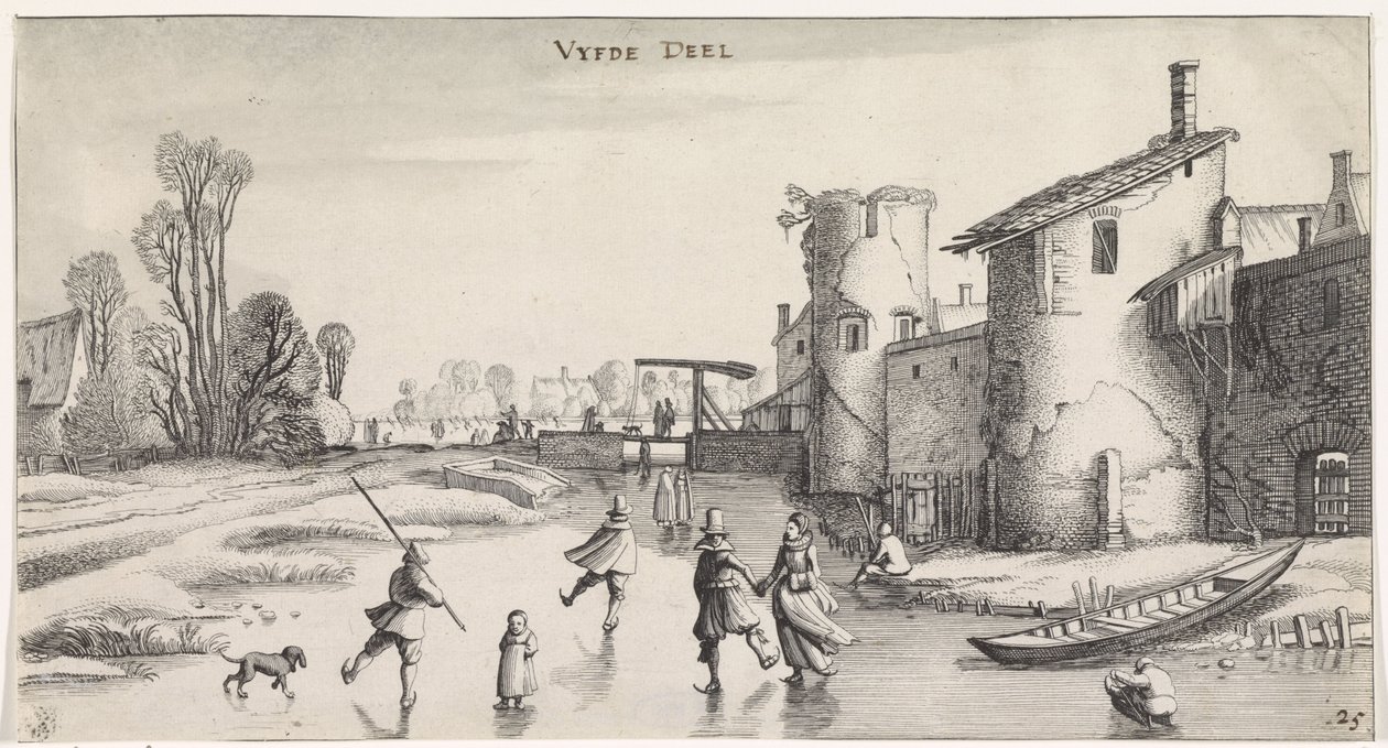 Winterlandschap met schaatsers bij een stadsmuur door Jan van de Velde (II)