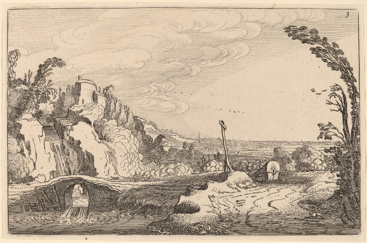 Waterval onder een stenen brug door Jan van de Velde II