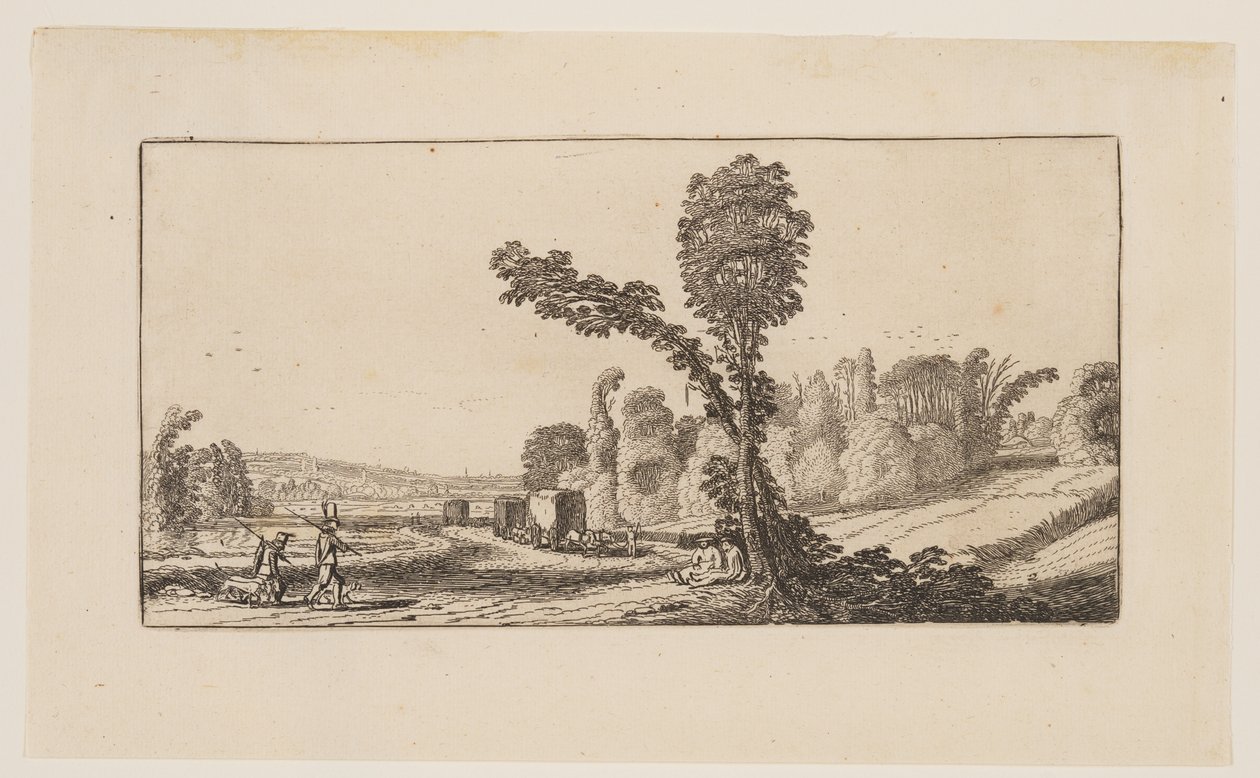 Landschap met jagers en hooiwagens, uit Zes landschappen door Jan van de Velde II