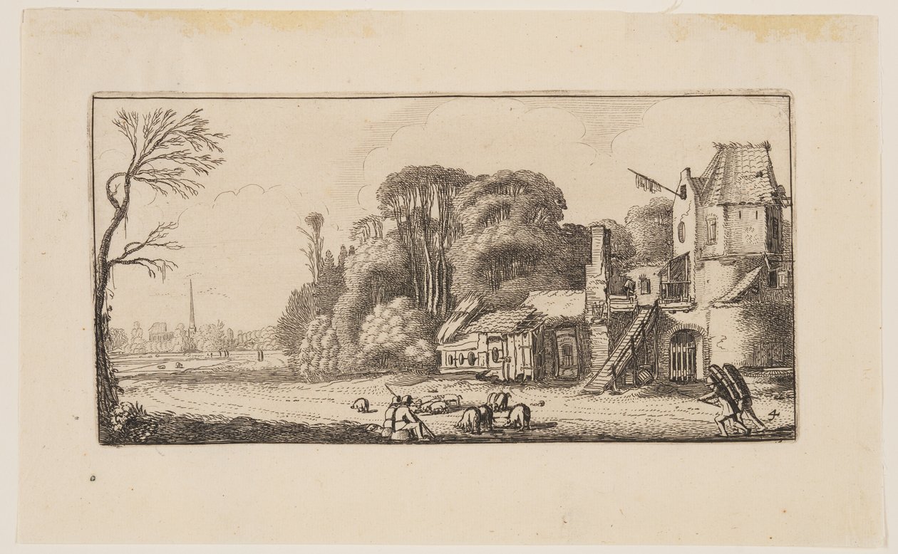 Landschap met varkens en twee marskramers, uit Zes landschappen door Jan van de Velde II