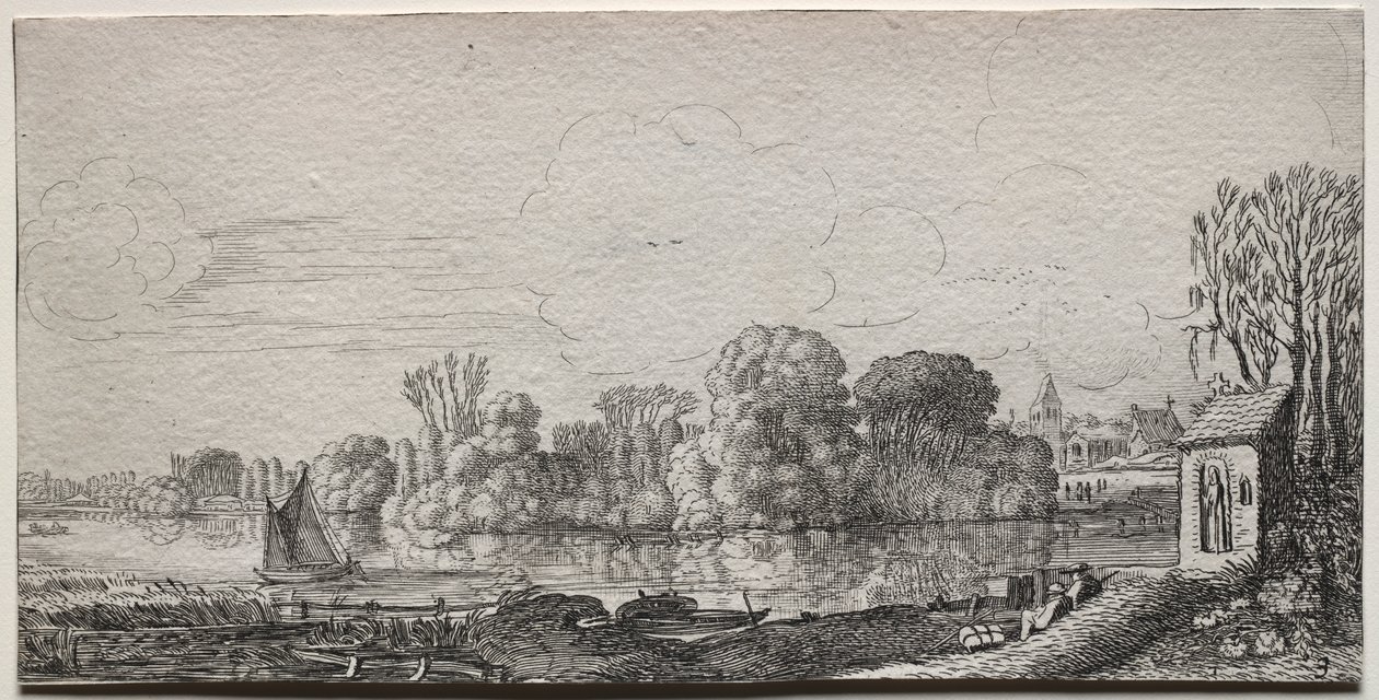 Landschappen: Een kleine kapel bij een vijver door Jan van de Velde II