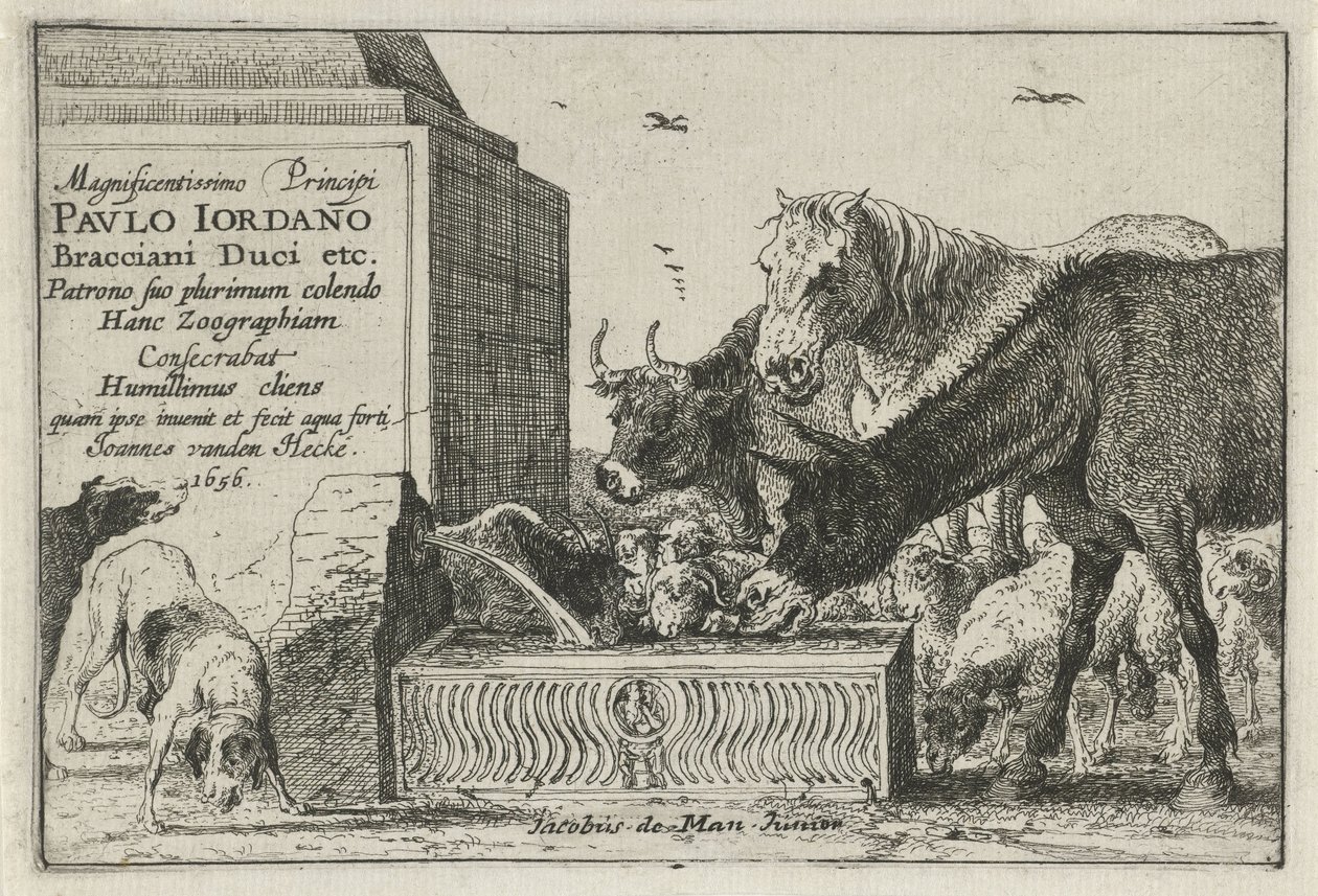 Dieren bij een fontein door Jan van den Hecke
