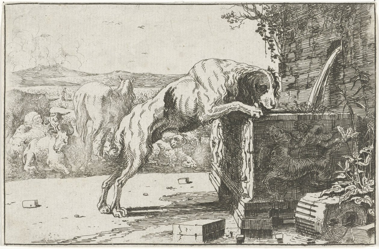 Hond bij een fontein door Jan van den Hecke