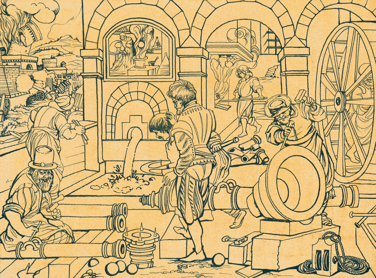 Kanon gieterij, tekening uit Nova Reperta door Jan van der (1523 1605) Straet