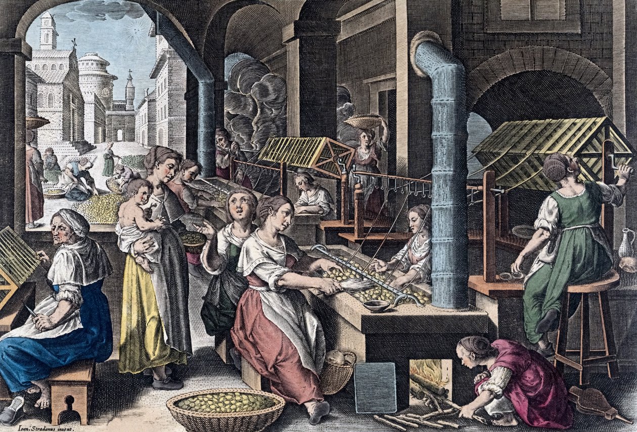Zijdeproductie in Europa in de 16e eeuw door Jan van der (1523 1605) (after) Straet