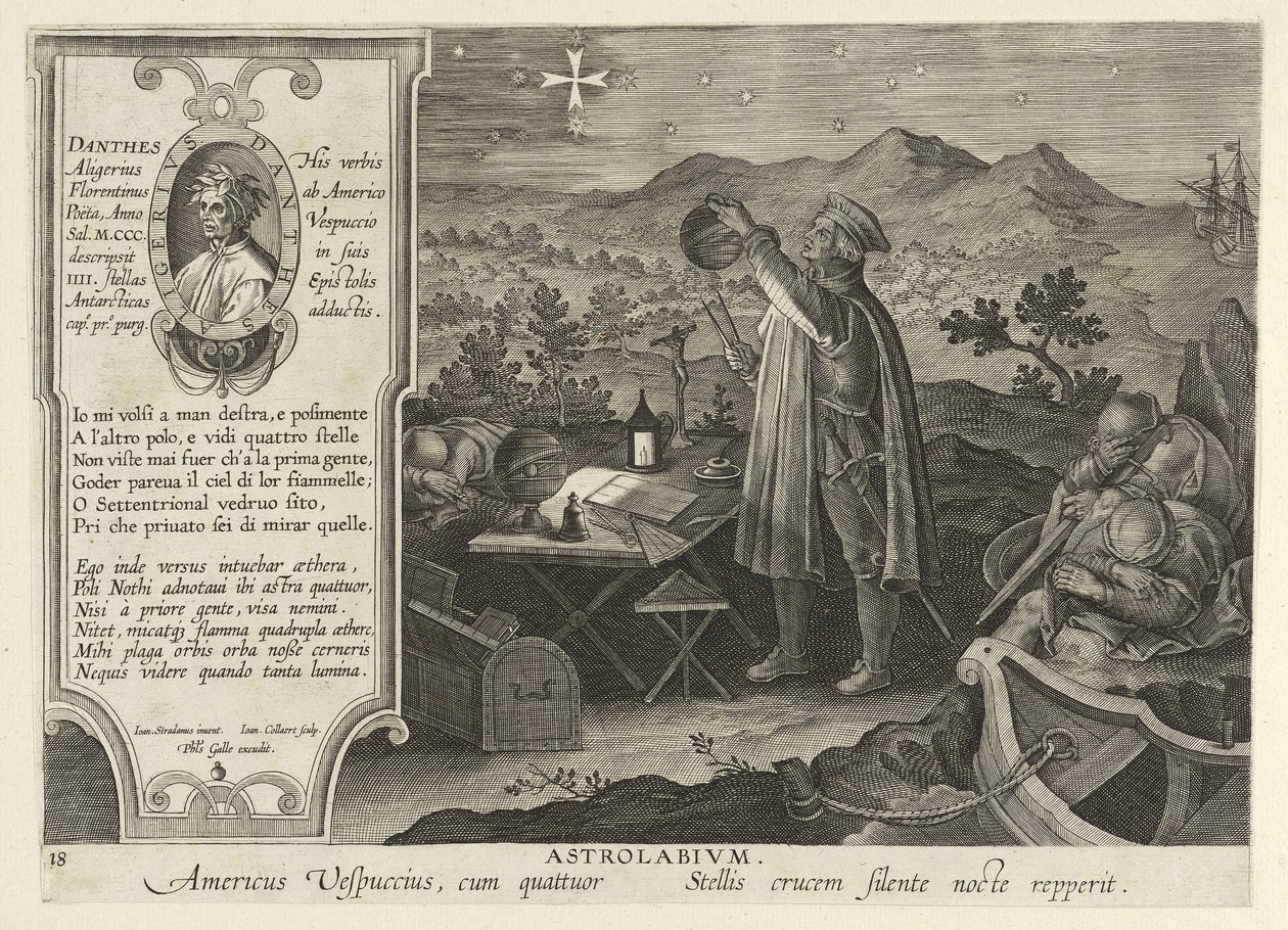 Amerigo Vespucci ontdekt het Zuiderkruis met een astrolabium, uit Nova Reperta, uitgegeven 1600 door Jan van der Straet