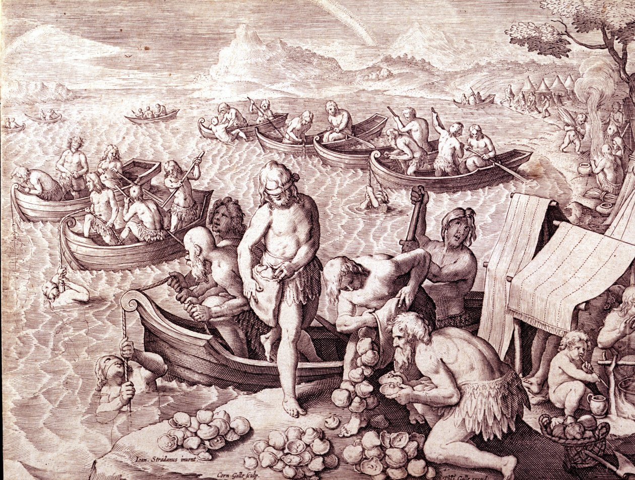 Oestervisserij. 17e eeuw. Gravure door Giovanni Stradano (Jan Van Der Straet) (Johannes Stradanus) (1523-1605) door Jan van der Straet