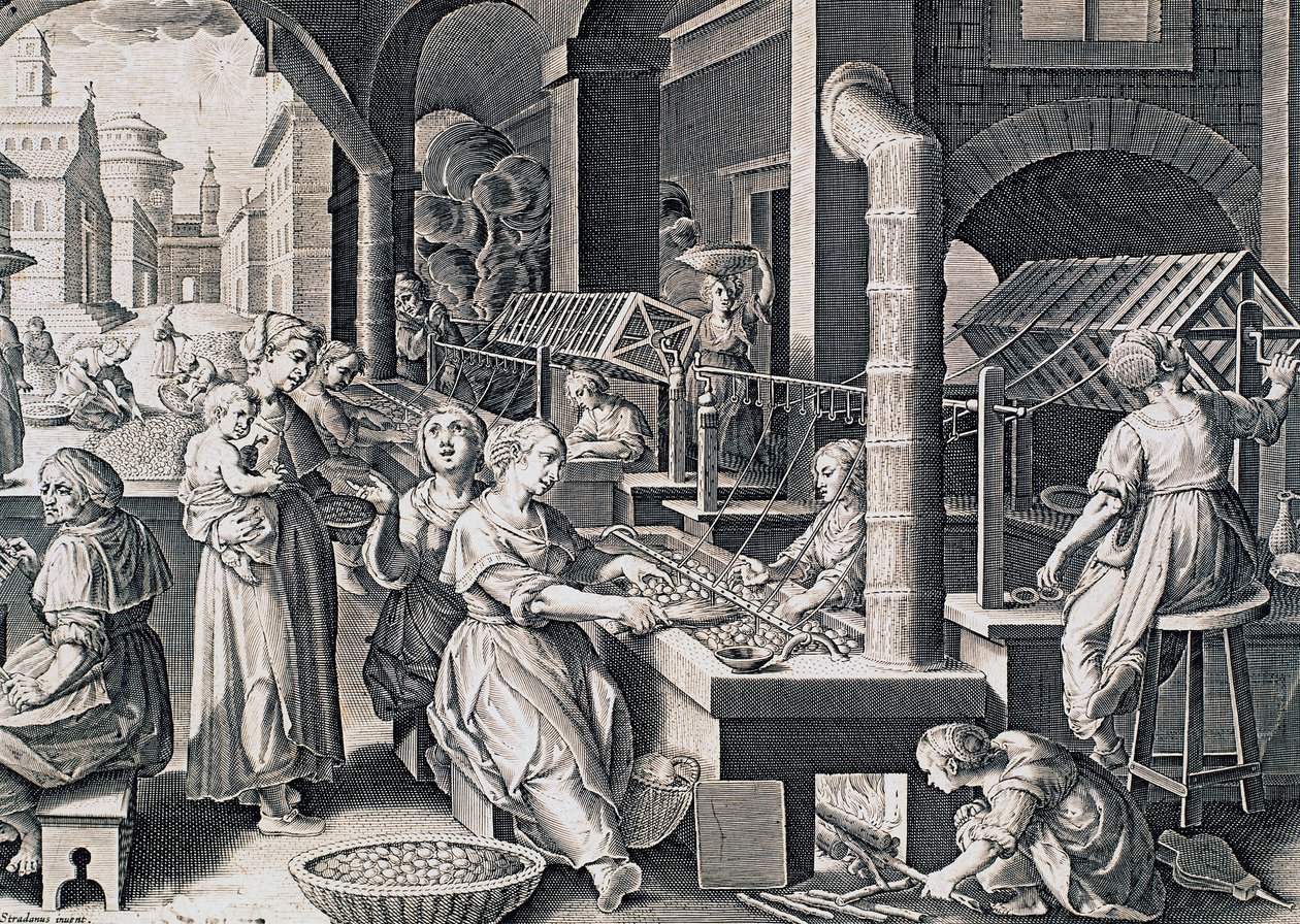 Vermis sericus, vrouwen spinnen zijde en verwarmen zijderupsen op vuur, gravure door Stradanus (1523-1605), Italië door Jan van der Straet