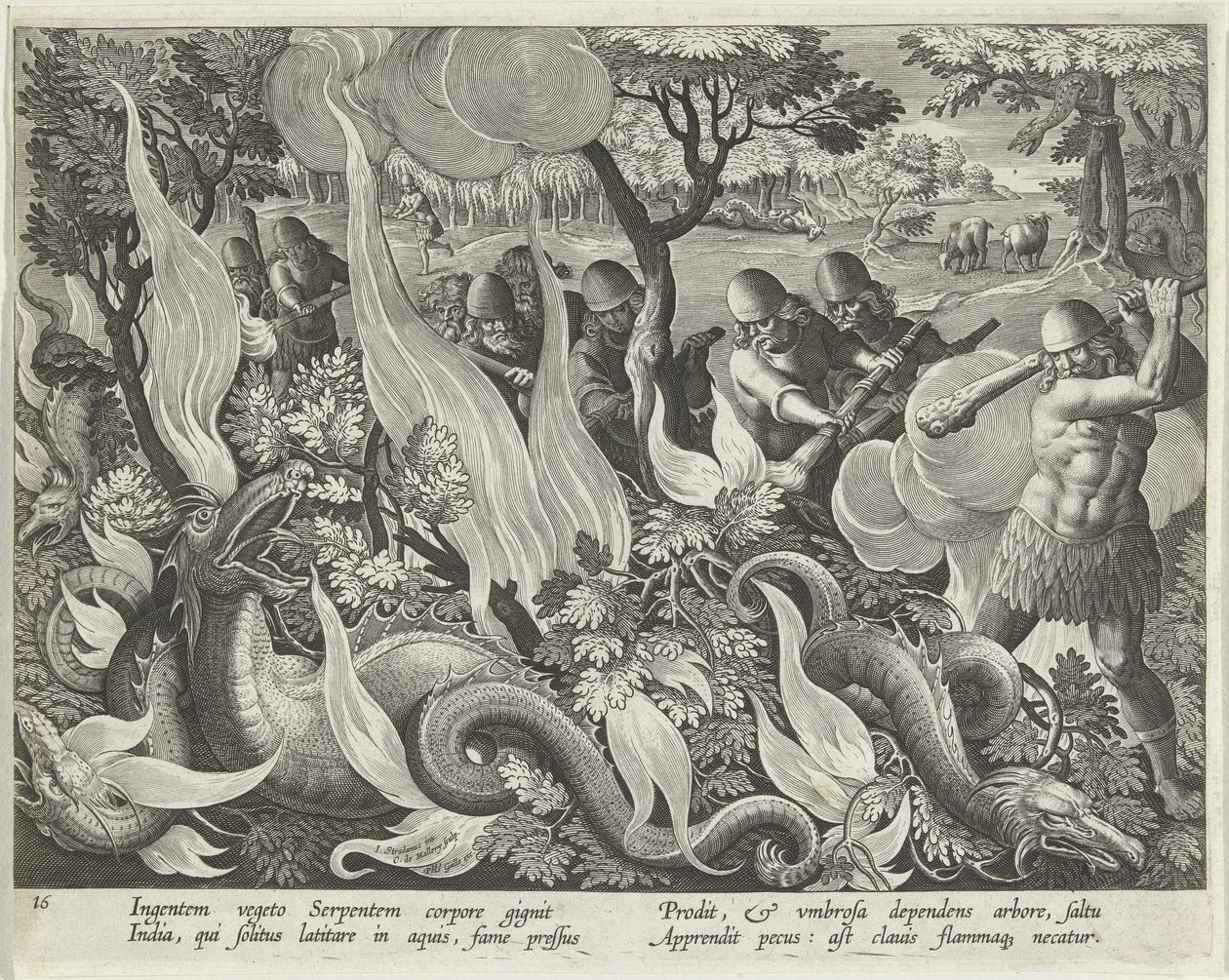 Slangen vangen in India met knuppels en fakkels om het struikgewas te verlichten, plaat 44 uit Venationes Ferarum, Avium, Piscium (Over de jacht: wilde dieren, vogels, vissen) uitgegeven 1640 door Jan van der 1523 1605 Straet