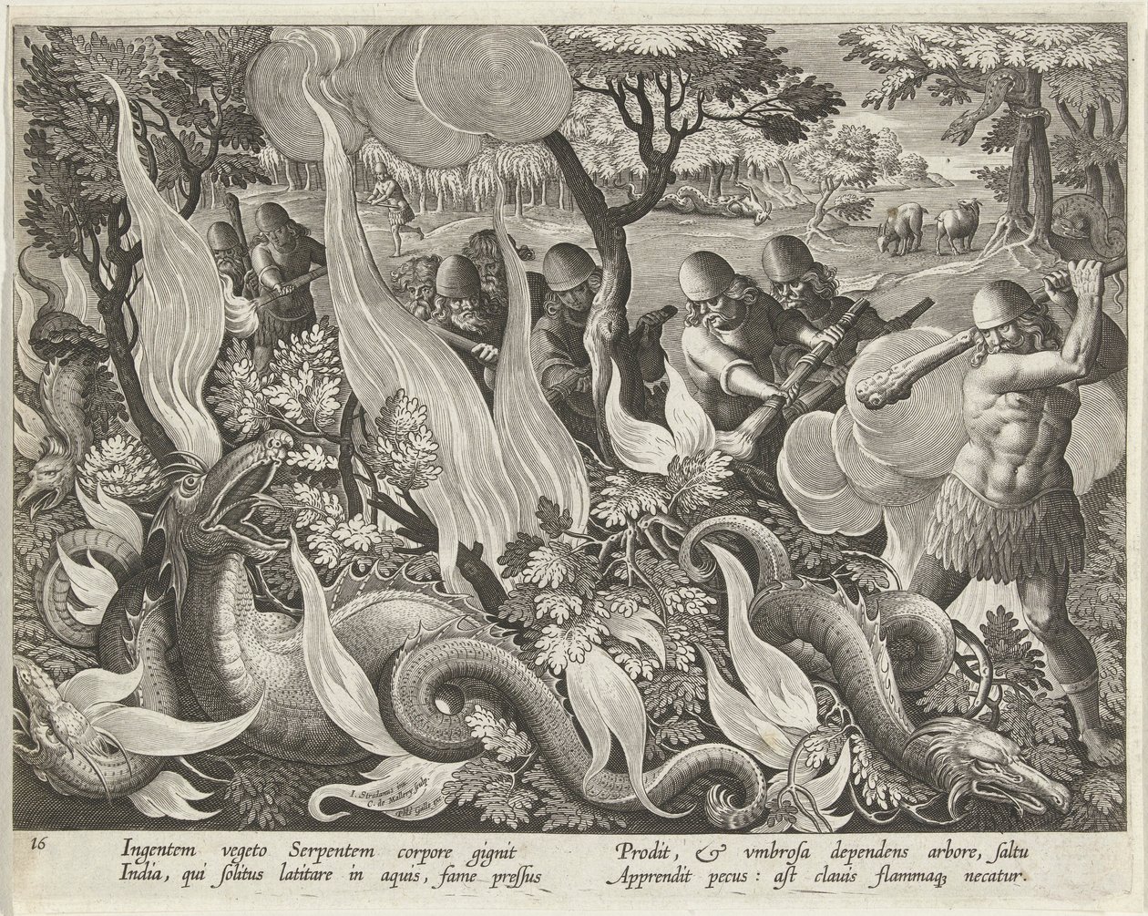 Slangen vangen in India met knuppels en fakkels om het struikgewas te verlichten, pub. 1640 gravure door Jan van der Straet
