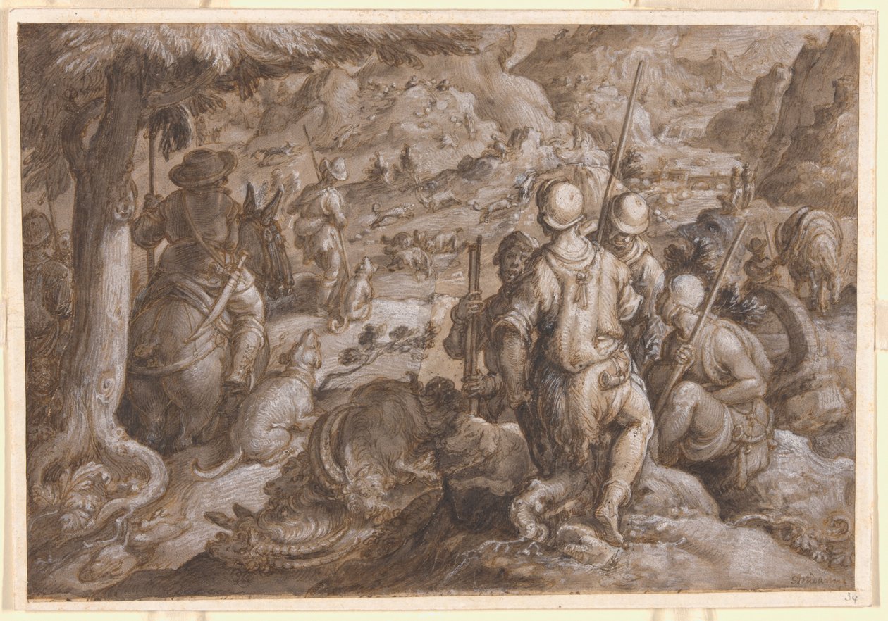 Mannen jagen op steenbokken met honden door Jan van der Straet