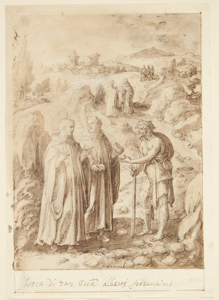S. Giovanni Alberti Fiorentinos verhaal. De heilige en de begeleidende monnik geven een bedelaar hun laatste brood door Jan van der Straet