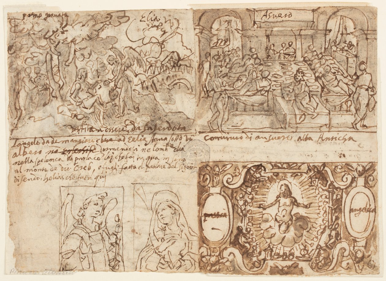 Boven links: Boslandschap met Elia gewekt en gevoed door een engel op de berg Horeb (1 Koningen 19:5-6); Boven rechts: Het banket van koning Ahasveros (Esther 1: 1-6); Onder rechts: Christus omringd door engelen met de Arma Christi; Onder links: Annunciati door Jan van der Straet, called Stradanus