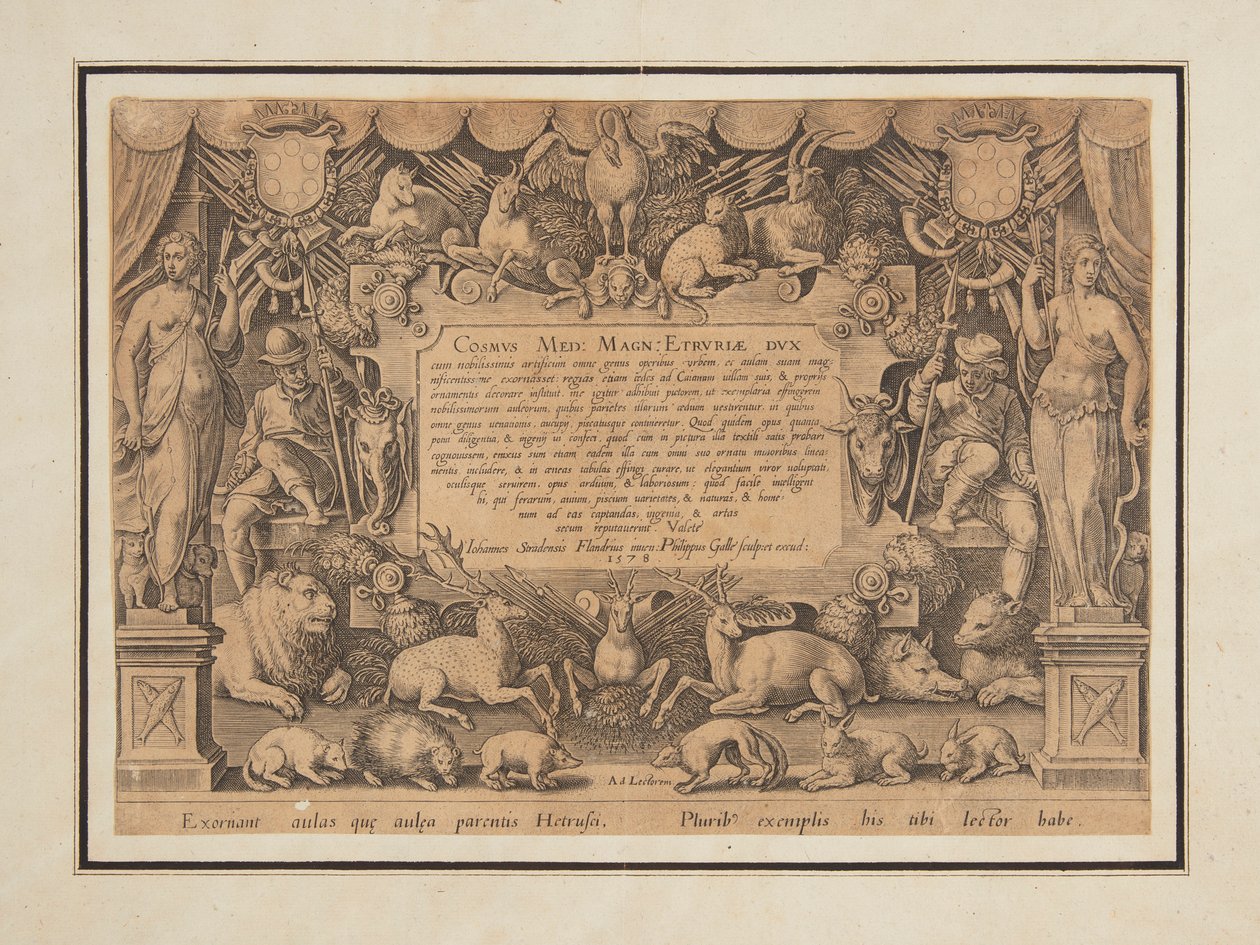 Opdrachtpagina van de set "Mediceae familiae rerum feliciter gestarum Victoria et triumphi" door Jan van der Straet, called Stradanus