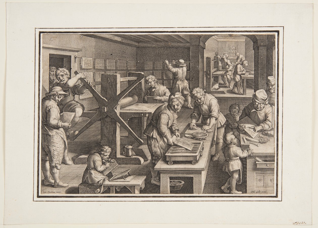 Gravure op metaal; Graveurs op een schip door Jan van der Straet, called Stradanus