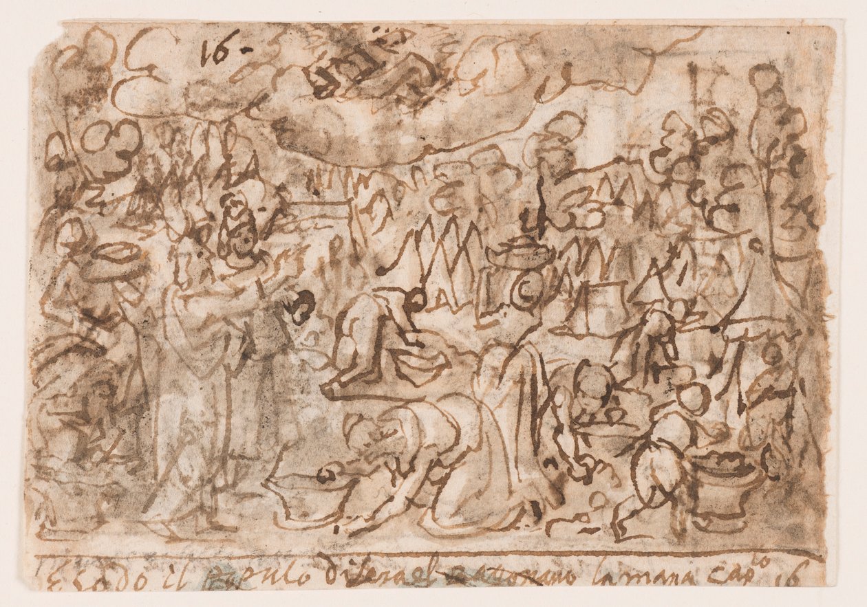 Pagina van een schetsboek; Exodus - verzamelen van manna; Offer door Jan van der Straet, called Stradanus