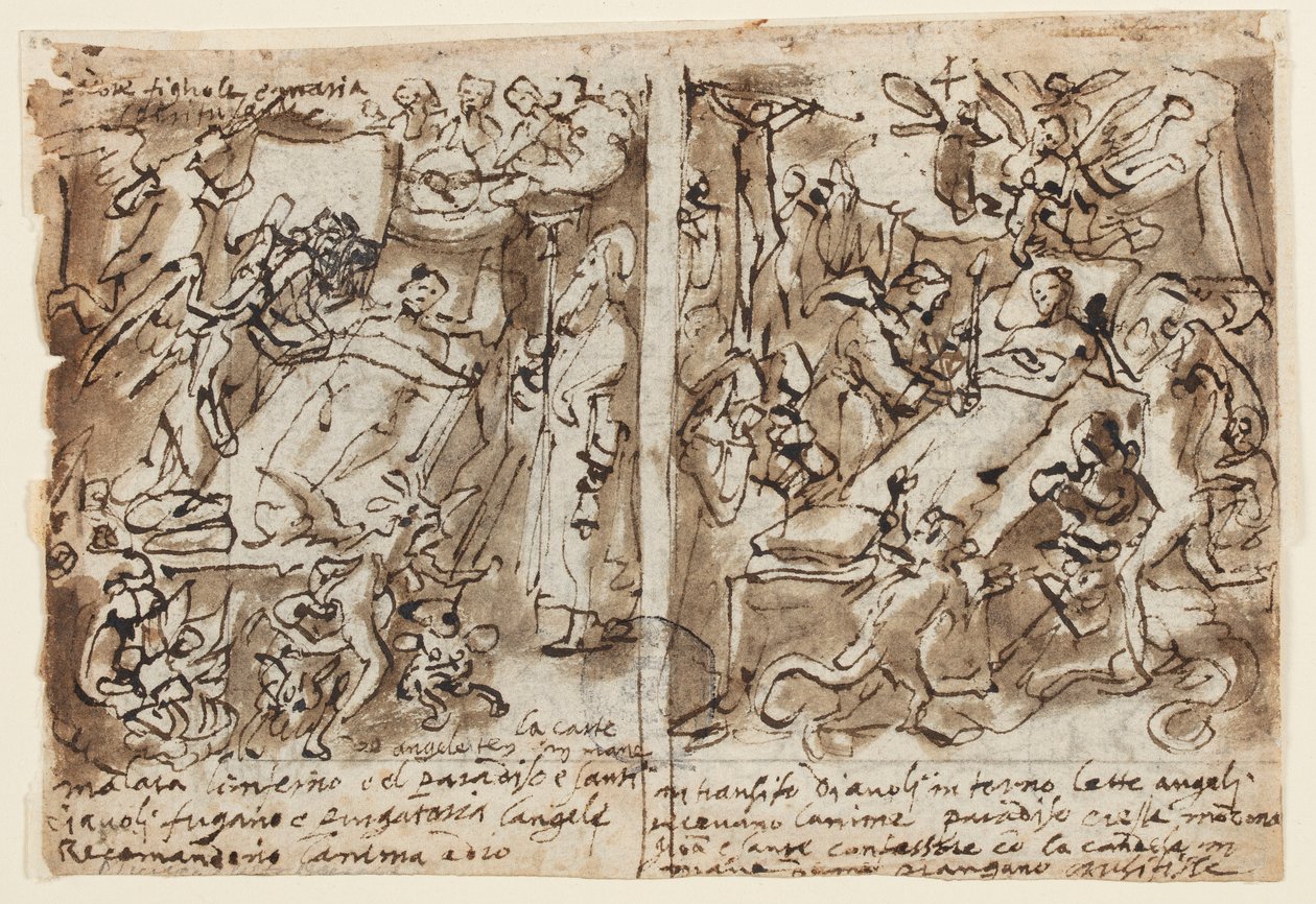 Pagina uit een schetsboek; Hemelse krachten helpen vrome; Schets voor portret van heilige; Decoratie van fronton door Jan van der Straet, called Stradanus