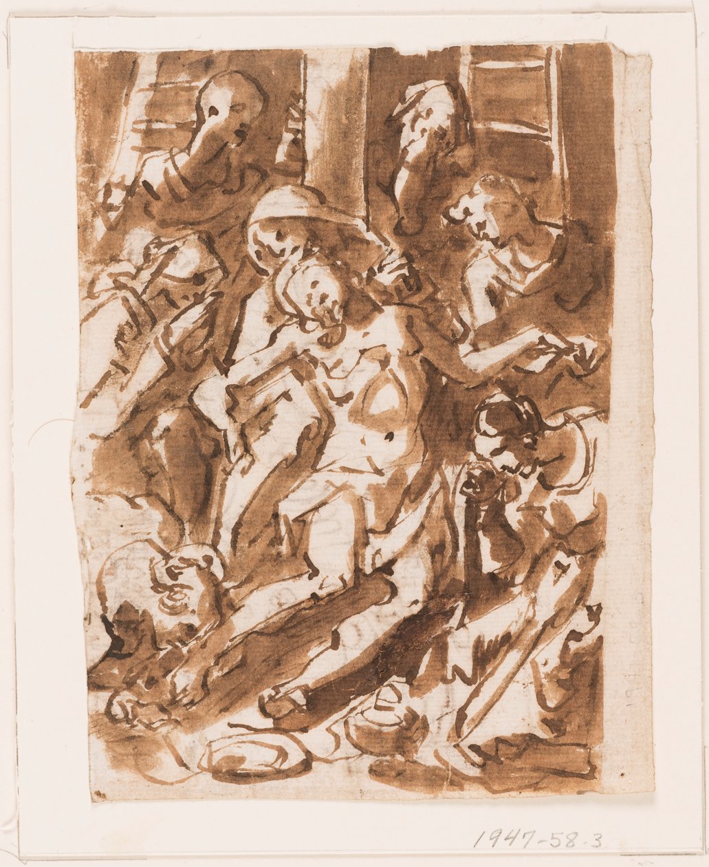 Pagina van een schetsboek; Maria houdt het lichaam van Christus aan de voet van het kruis door Jan van der Straet, called Stradanus