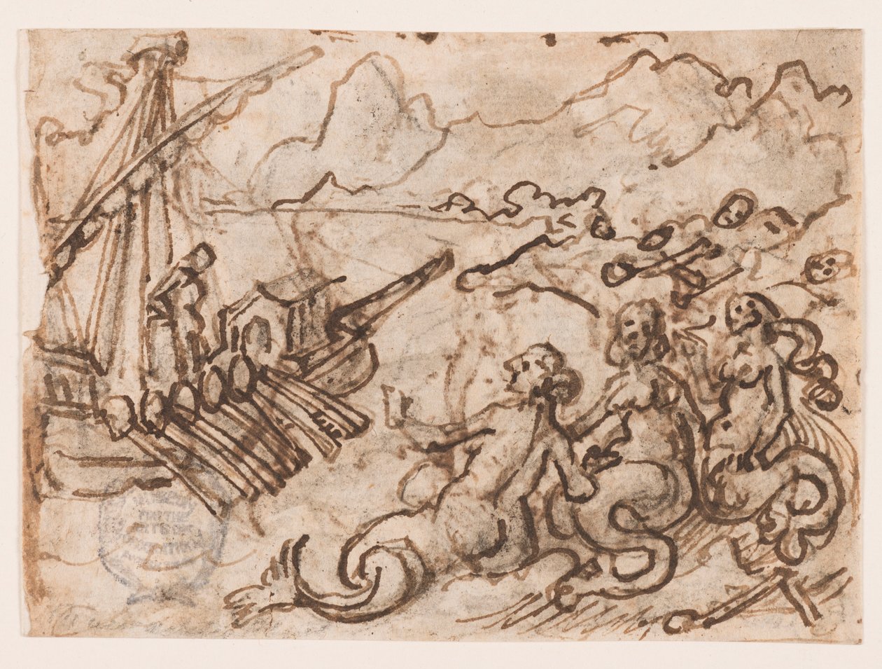 Pagina van een schetsboek: Odysseus passeert de Sirenen (recto); Odysseus in de Onderwereld (verso) door Jan van der Straet, called Stradanus