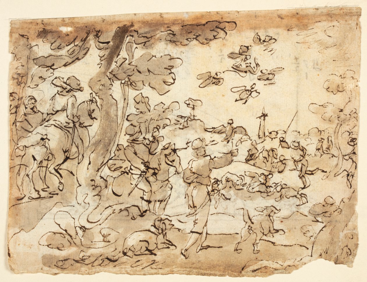 Recto: Vogeljacht met Valken; Verso: Lunet versierd met dieren, steenbok en gebladerte door Jan van der Straet, called Stradanus