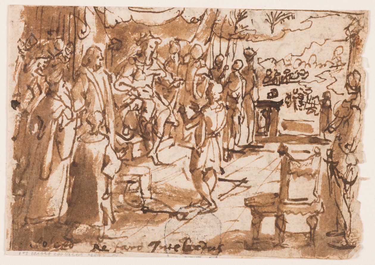 Recto: Jozef die de dromen van de farao uitlegt, voorlopige ontwerp voor plaat 2, "Spiritus Intellectus" (De Geest van Intellect) in de serie "De Zeven Gaven van de Heilige Geest"; Verso: inscriptie met betrekking tot de prentserie van het "Leven van Johan door Jan van der Straet, called Stradanus