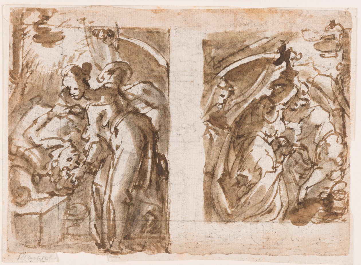 Recto: Twee Zichten van Judith die Holofernes Doodt; Verso: Fontein in Fiesole door Jan van der Straet, called Stradanus