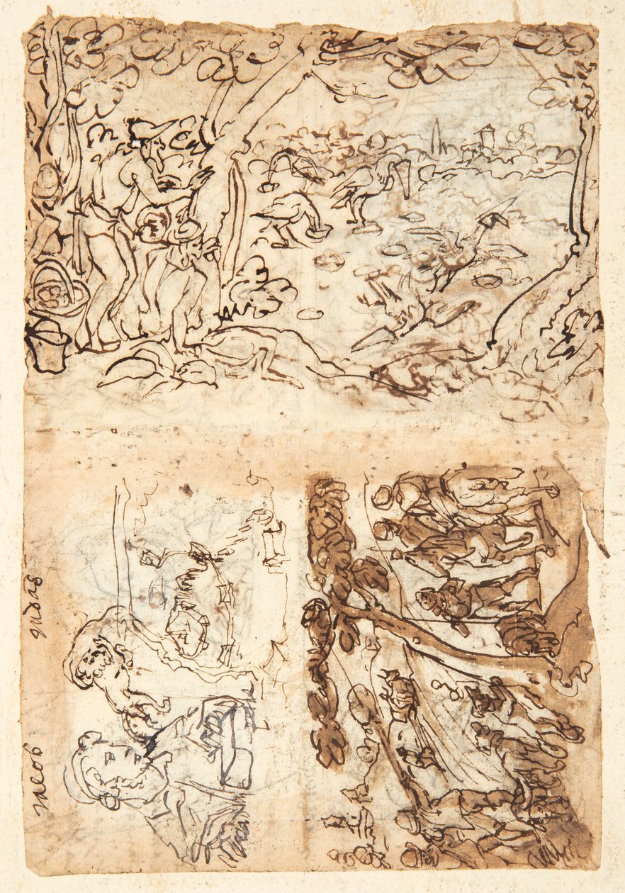 Recto, boven: Kraanvogeljacht met kegels; Onder, links: Jacob, halve figuur; leeuw met een blinddoek over zijn hoofd; kaart van een vesting; Onder rechts: Vossenjacht. Verso, boven links: Spreeuwjacht; onder links: Leeuwenjacht met fakkels en netten; recht door Jan van der Straet, called Stradanus