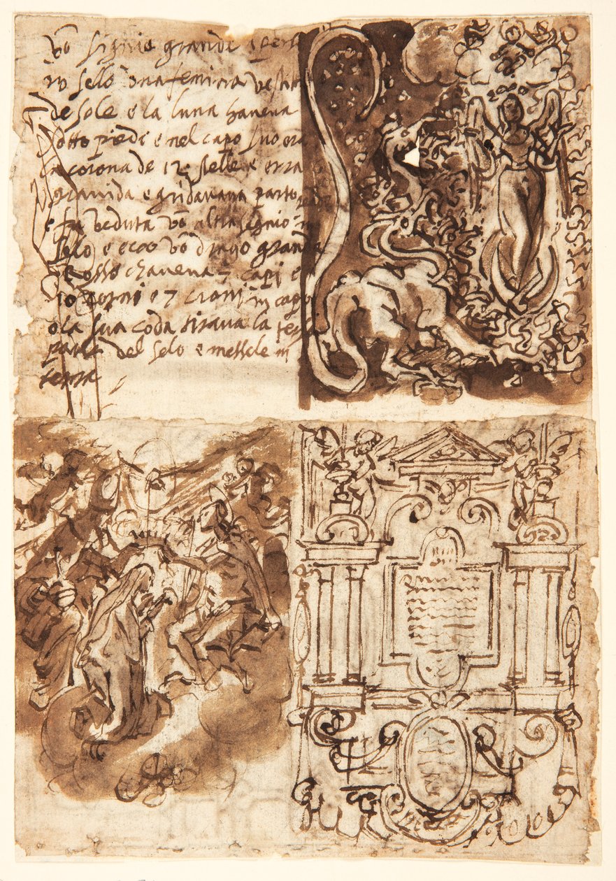 Recto, boven links: Passage over de Vrouw van de Apocalyps, uit het Boek Openbaring; Recto, boven rechts: Vrouw van de Apocalyps; Recto, onder links: Frontispice voor prentserie van het Leven van de Maagd; Recto, onder rechts: Kroning van de Maagd door Jan van der Straet, called Stradanus