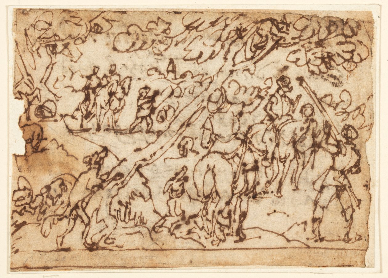 Schetsboekpagina; Jachtscène door Jan van der Straet, called Stradanus