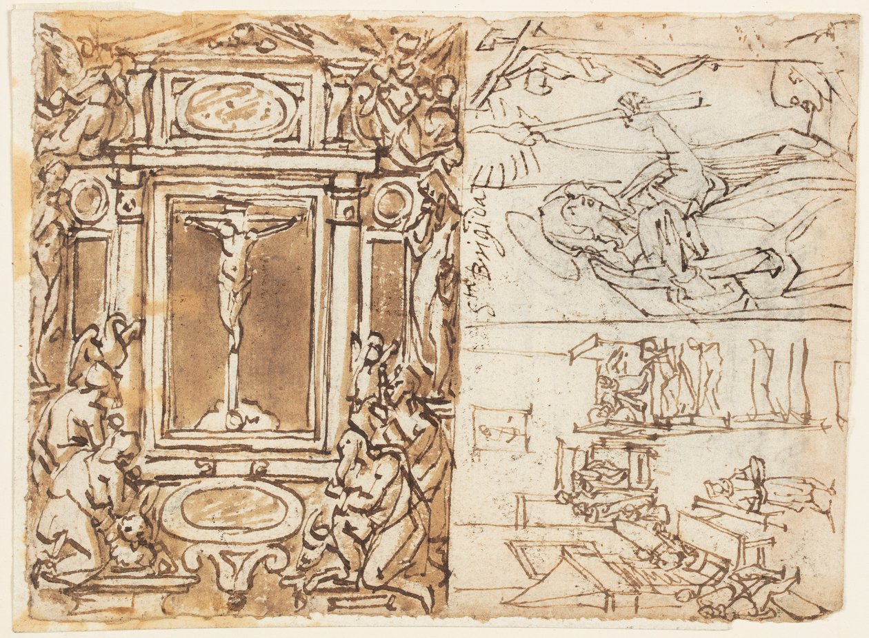 Schetsboekpagina; Monument van Marcus Aurelius Antonius met zoon; Studie voor een gravure door Jan van der Straet, called Stradanus