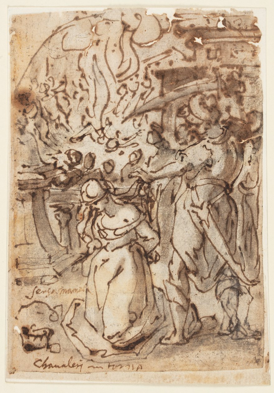 Schetsboekpagina met onthoofding van een vrouwelijke martelaar door Jan van der Straet, called Stradanus