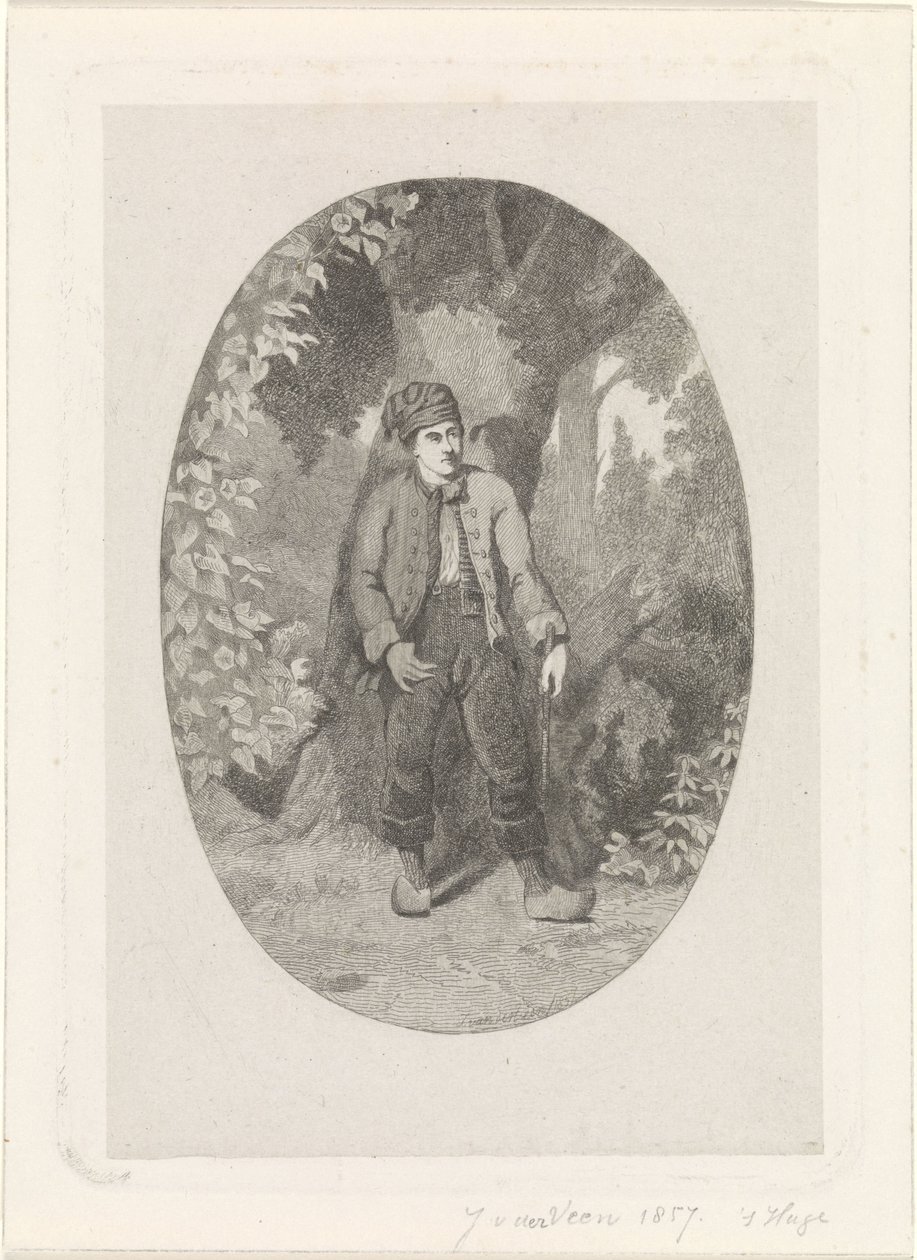 Man bij een boom in een bos door Jan van der Veen (prentmaker)
