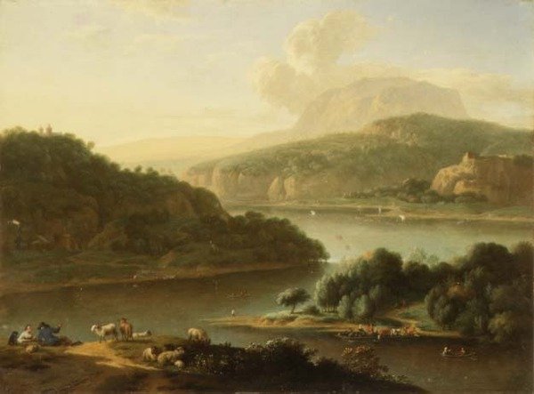 Een rivierlandschap met herder en boerin op de voorgrond door Jan van der the Younger Meer