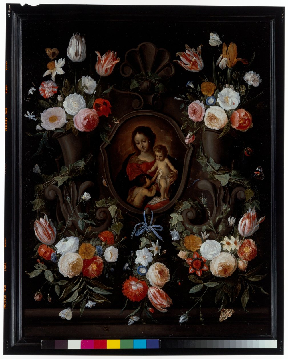 Een stenen cartouche versierd met bloemen en vlinders door Jan van the Elder Kessel