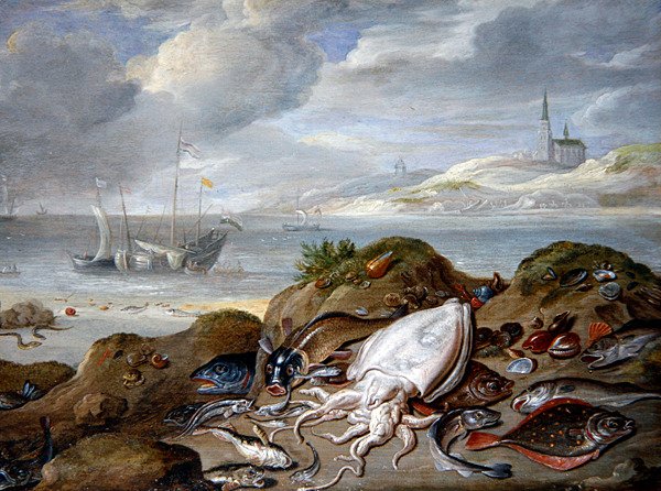 Een Estuarium Landschap met Vissen op een Duin door Jan van the Elder Kessel