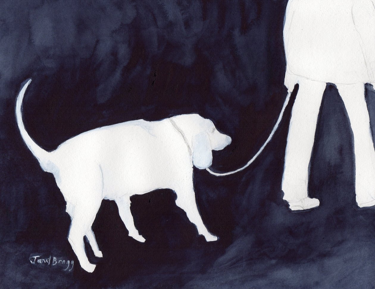 Man die zijn hond uitlaat in Indigo II, c. 2018 (aquarel en potlood op papier) door Janel Bragg