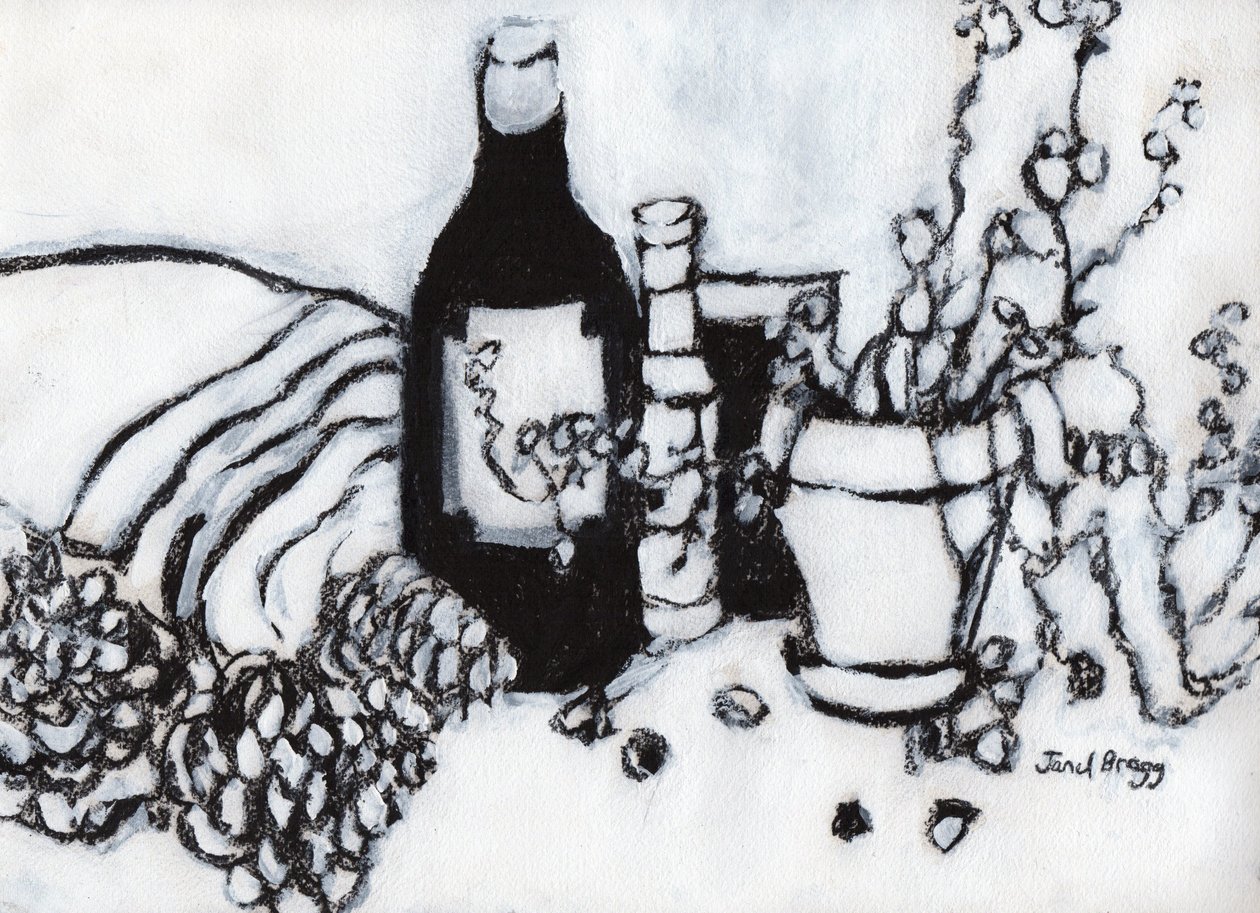 Stilleven met olijfolie en dennenappels door Janel Bragg