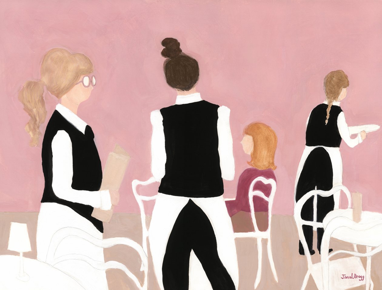 Serveersters van Café Sabarsky in roze en beige, ca. 2024 (watermedia op papier) door Janel Bragg