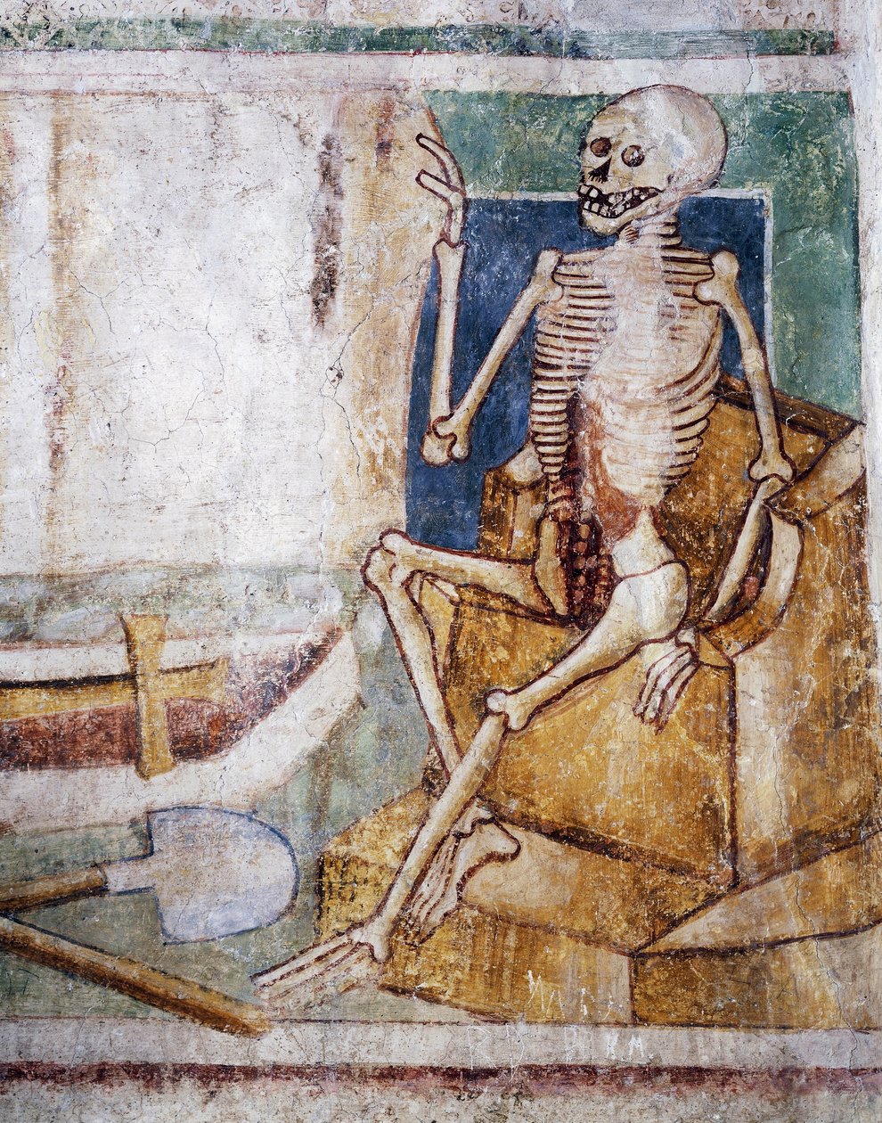 Hrastovlje versterkte kerk, Drievuldigheidskerk, Dood opent grafsteen, Dodendans (detail) door Janez Kastav