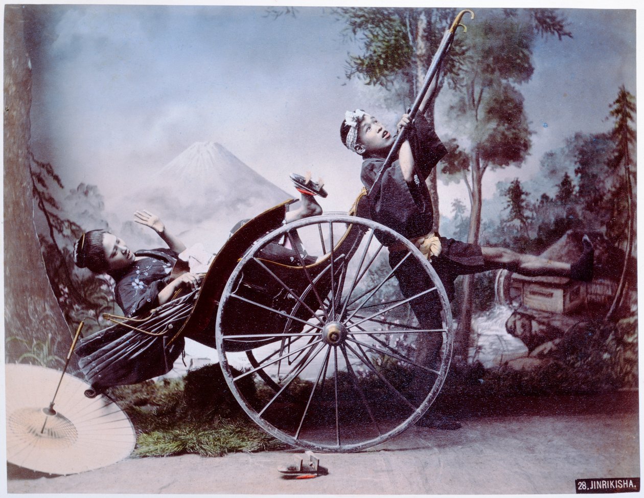 Riksja ongeluk, ca. 1900 door Japanese Photographer