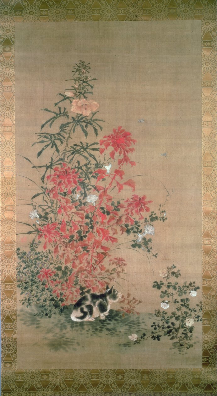 Kat tussen bloemen door Japanese School