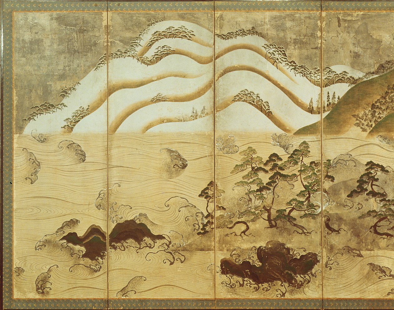 Winterlandschap bij maanlicht, deel van een zesdelig vouwscherm door Japanese School