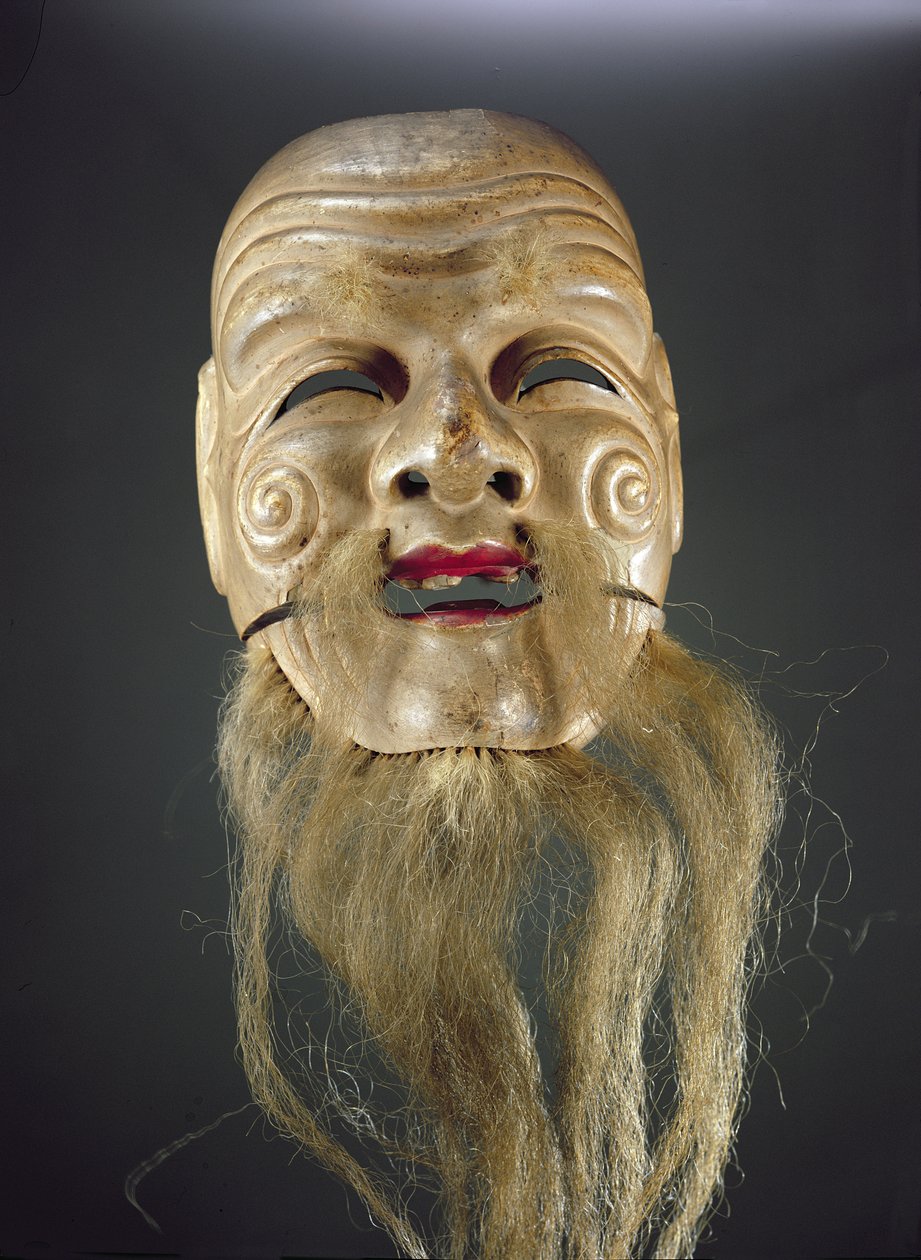 Oude man masker, Noh-theater (beschilderd hout) door Japanese School