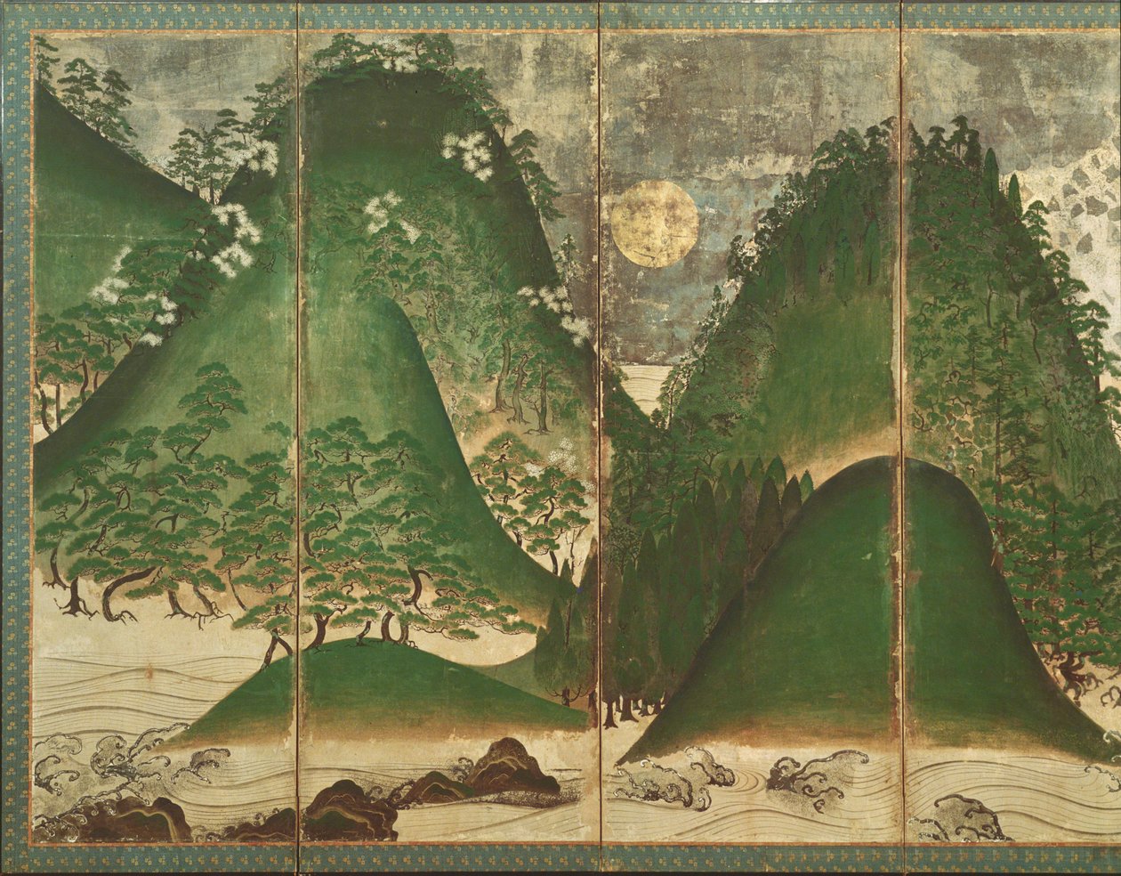 Landschap in de Lente met Zon, deel van een zesdelig vouwscherm door Japanese School