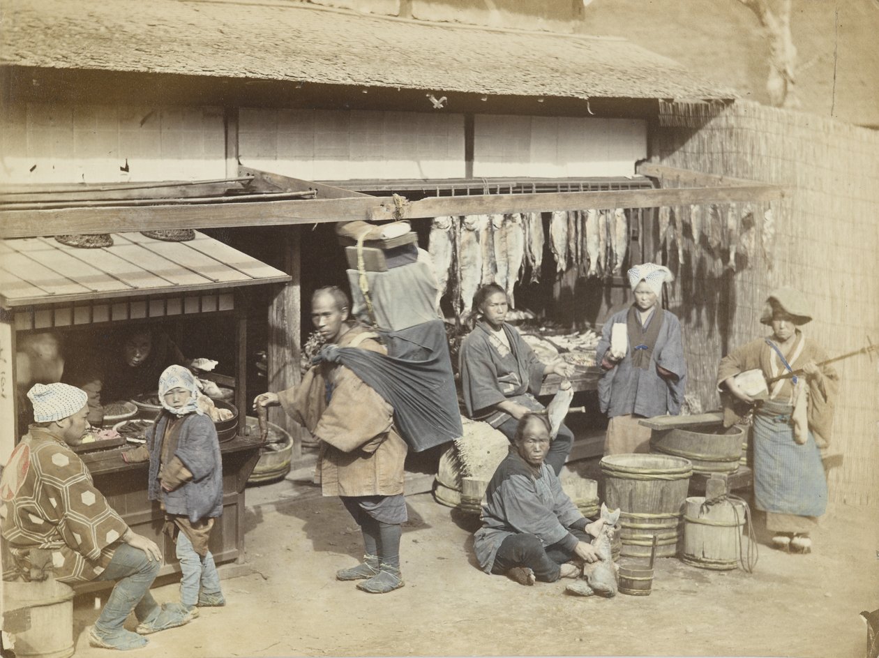 Marktplaats in Japan (handgekleurde zwart-wit foto) door Japanese Photographer